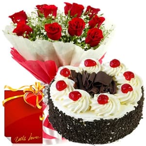 1Kg Black Forest Cake with 12 Red Roses